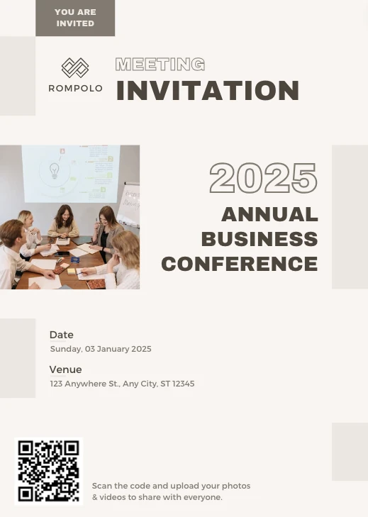 Business conference invitation with a QR code for sharing photos