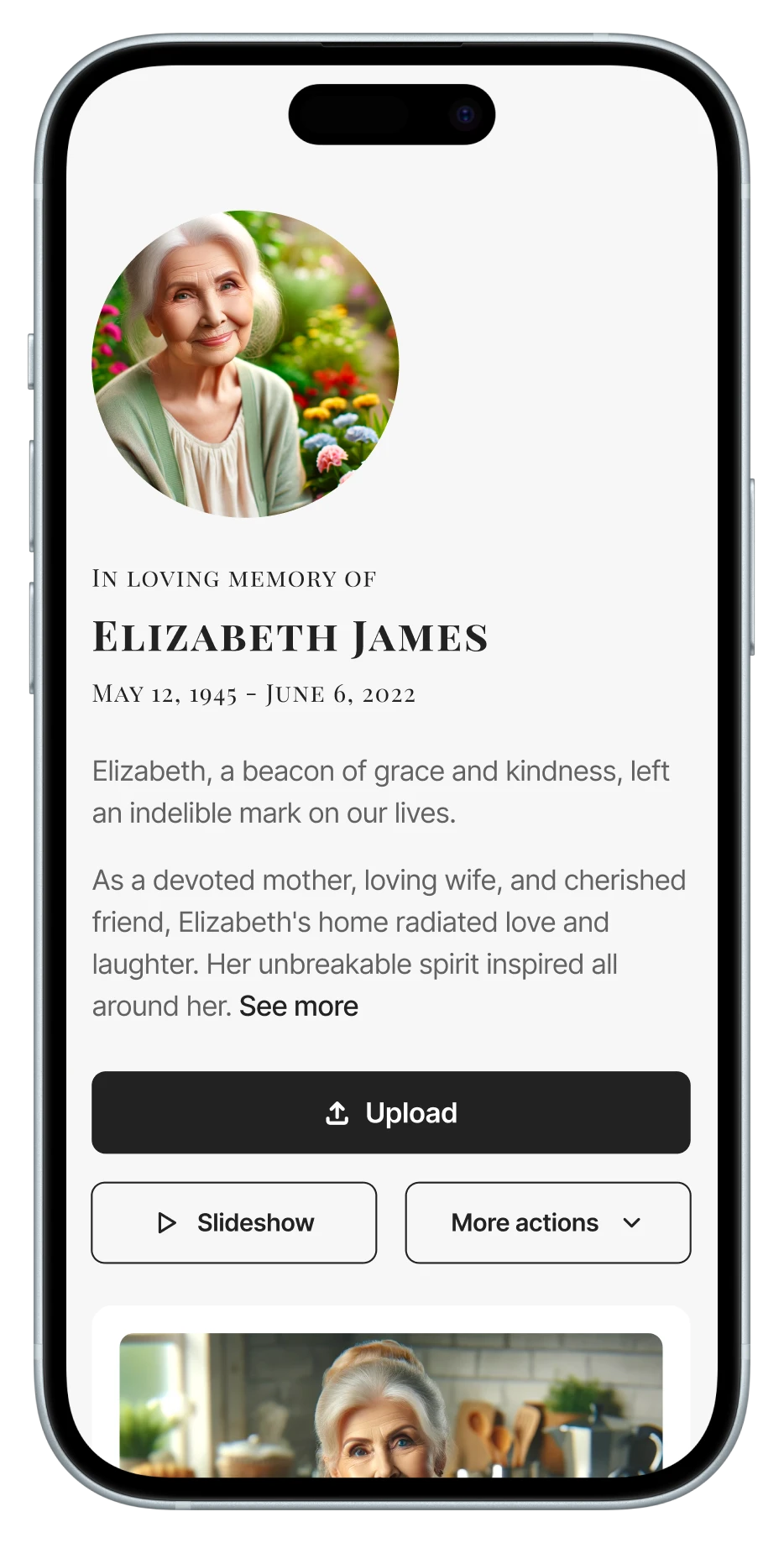 Memorial album on a phone with a portrait, a short tribute and an upload button