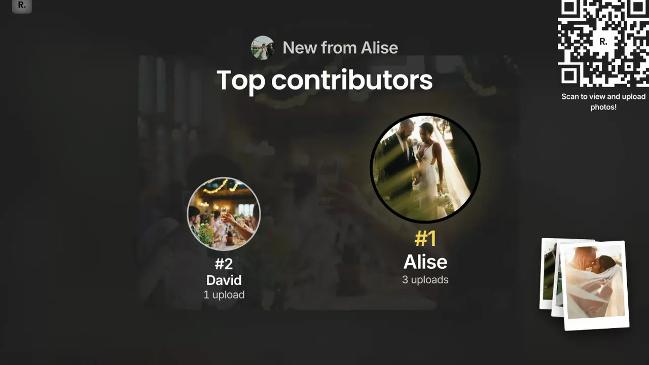 Live photo wall on a screen with the top contributors podium, a new upload and the album QR code